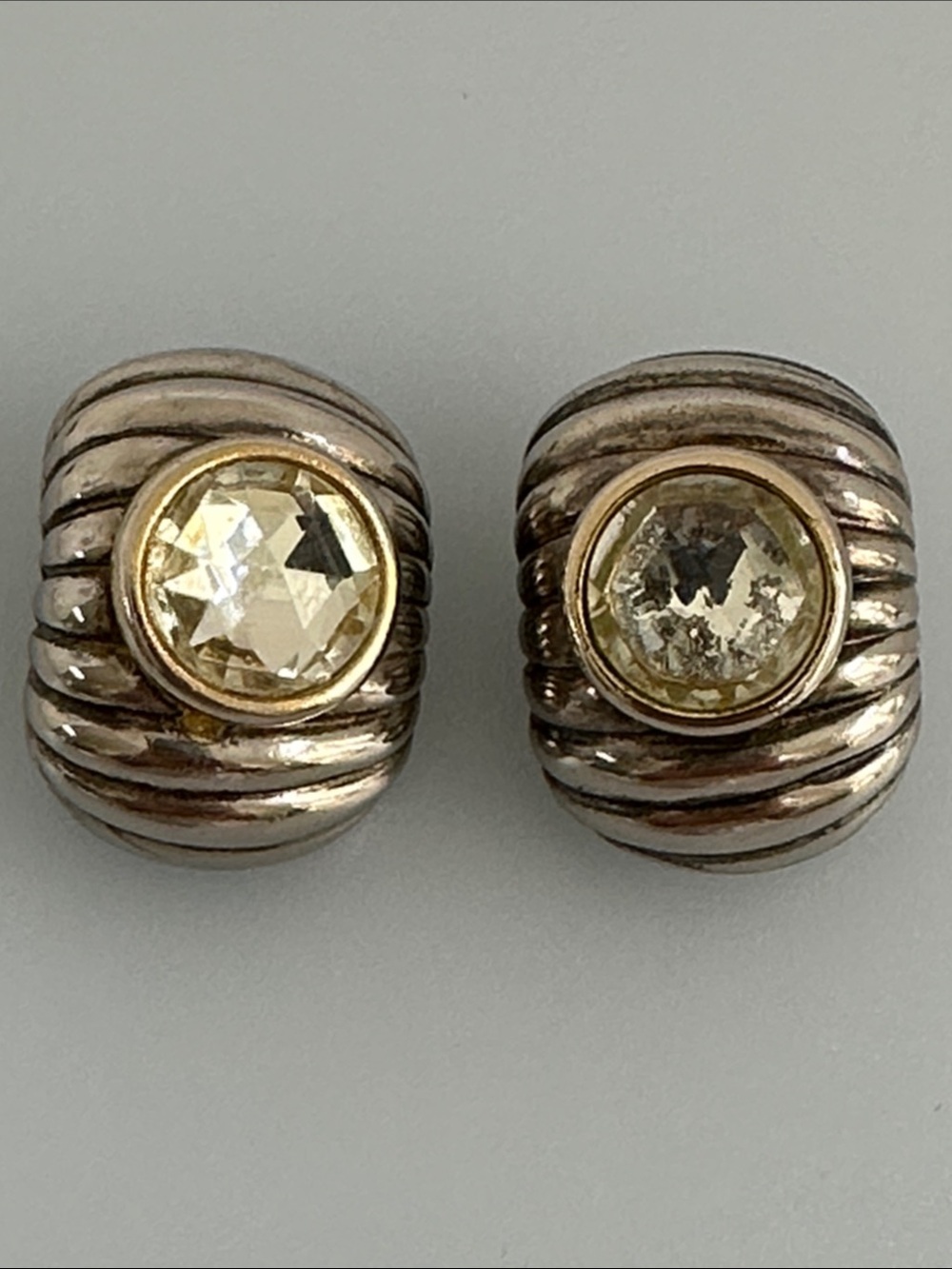 ELlEN DESIGNS Sterling Silver Ribbed Hoop Earrings with Champagne Stones - Picture 2 of 10
